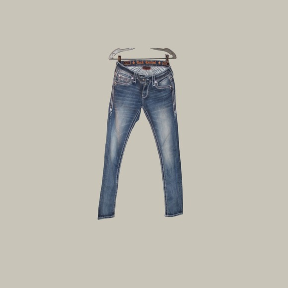 Rock Revival Denim - Rock Revival Sundee Mid-Rise Skinny Jeans Blue Embellished Flap Pocket Size 27